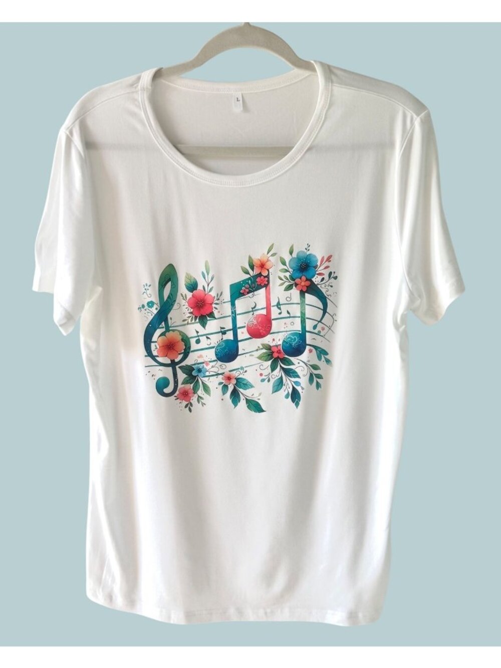 Floral Womens L Music Notes Treble Clef Graphic Tee White Whimsical